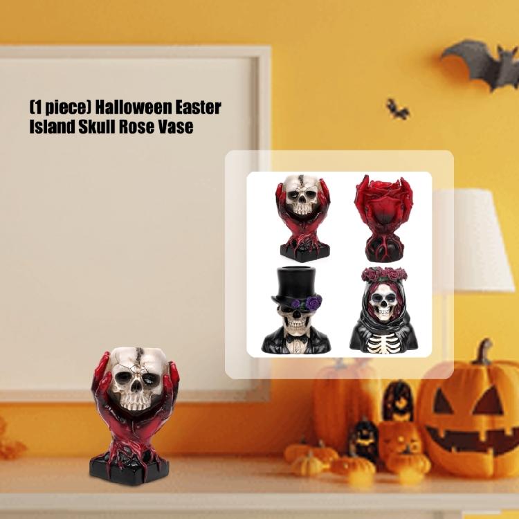 Gothic Skull Sculpture Rose Planter Resins Craft Flower Vases Container For Halloween Party Decors And Home Interior