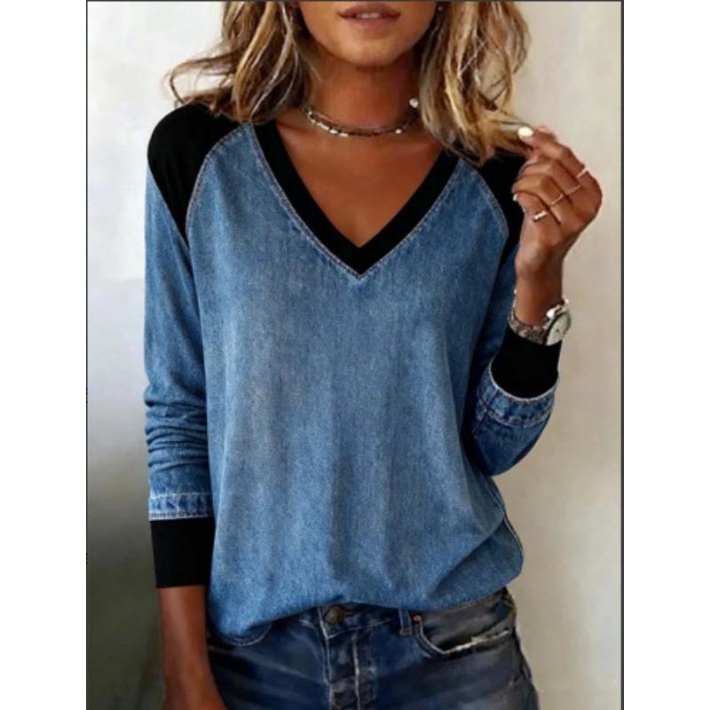 Women s V Neck Color Block Long Sleeve Denim Patchwork Casual Top S