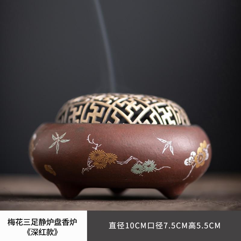 Arzător de tămâie ceramic cu trei picioare cu floare de prun, pentru interior, sobă de tămâie, arzător de aromaterapie zen, cuptor pentru lemn de agar, ornamente