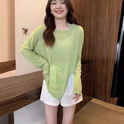 2025 Women's Avocado Green Chic Long-Sleeve Sunscreen Blouse with Irregular Slit