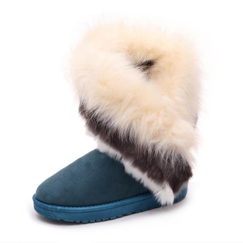 Damen Mid-Calf Schneestiefel mit Fuchsfellbesatz - Winter Baumwollfutter
