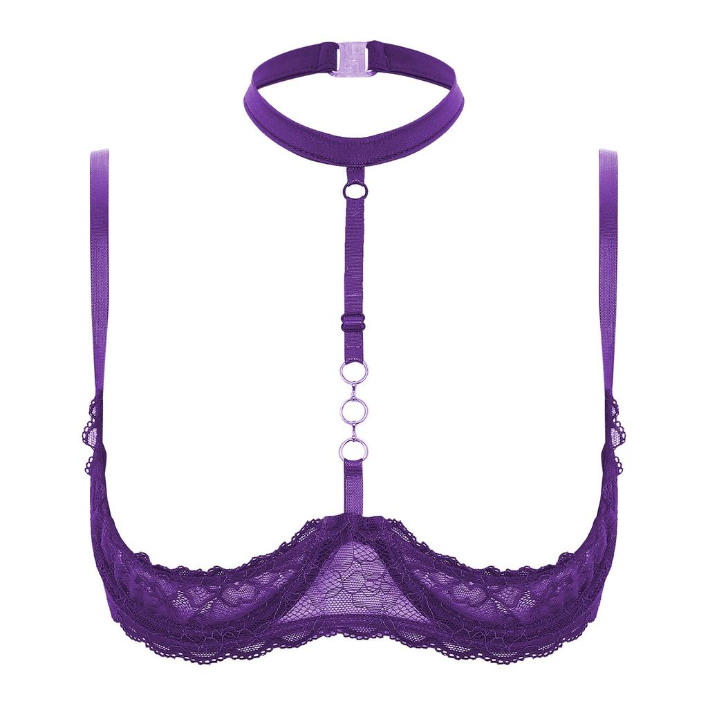 Womens 1/4 Cups Underwire Bra Halter Neck O Ring Sheer Lace Push Up Brassiere Lingerie Underwear