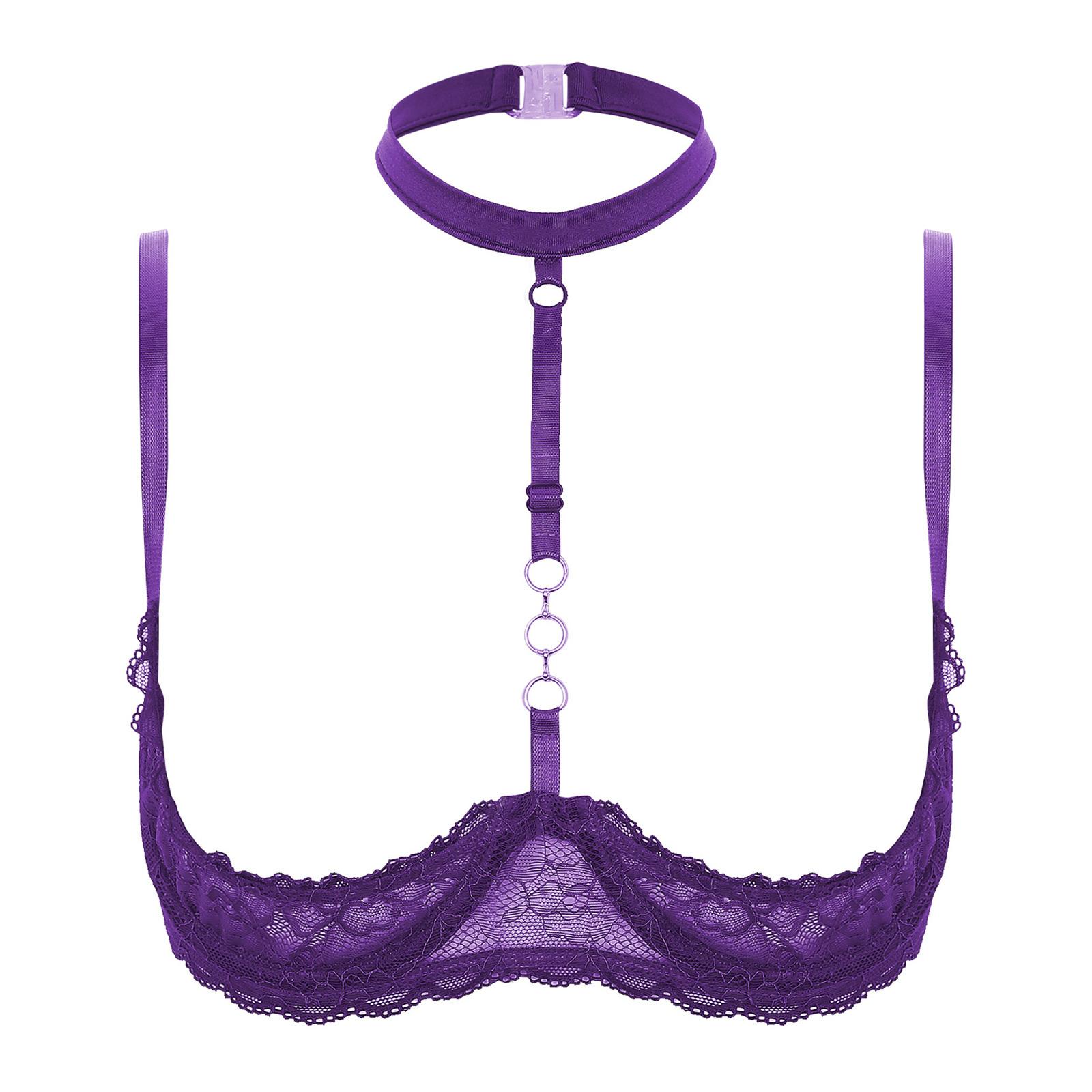 

Жіночий бюстгальтер з кісточками на 1/4 чашки, з бретелями-холтер, з О-кільцем, з прозорого мережива, пуш-ап, білизна L фіолетовий