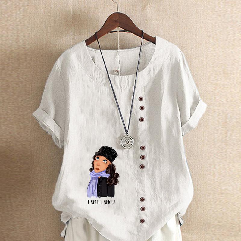 Damen Neue Mode Leinenhemd Rundhalsausschnitt Kurzer Ärmel Schal Mädchen Bedrucktes T-Shirt Sommer Damen Freizeit Große Größen Blusen Oberteile