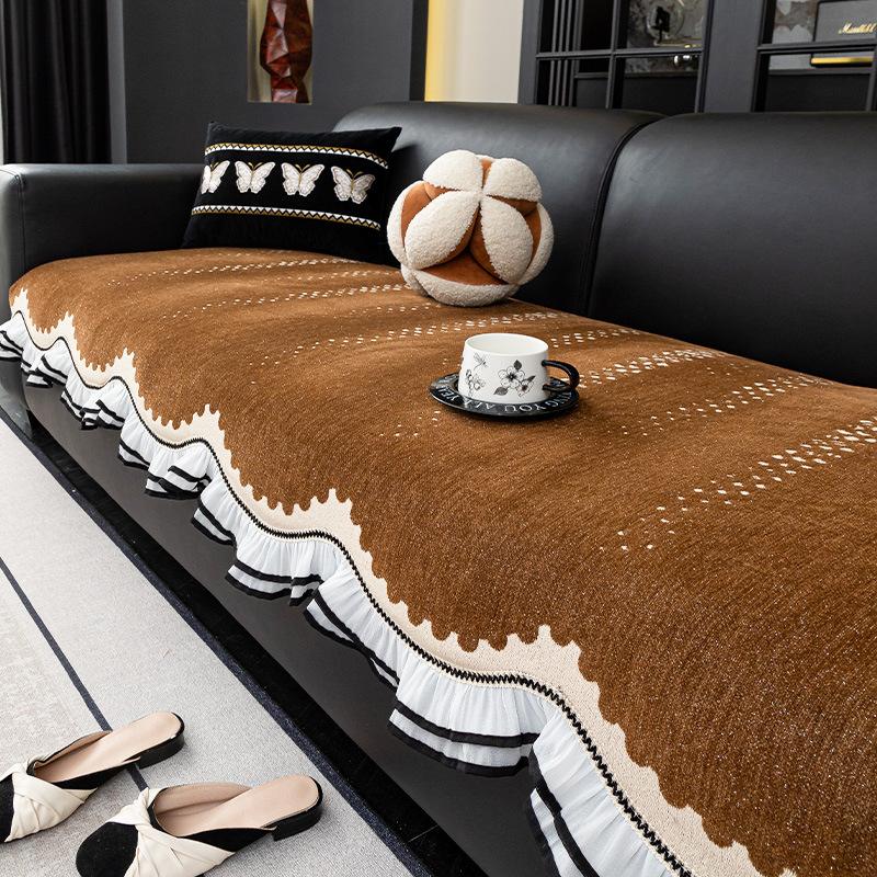 Light luxury high-end straight row sofa cushion black four-season universal non-slip 2025 new chenille cover sofa cushion