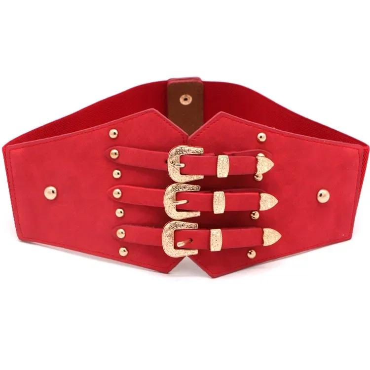 Fashion Women Wide Belt New Metal Buckle Elastic Waistband Leather Rivet Ultra Wide Belt for Women Stretch Thick Waist Dress