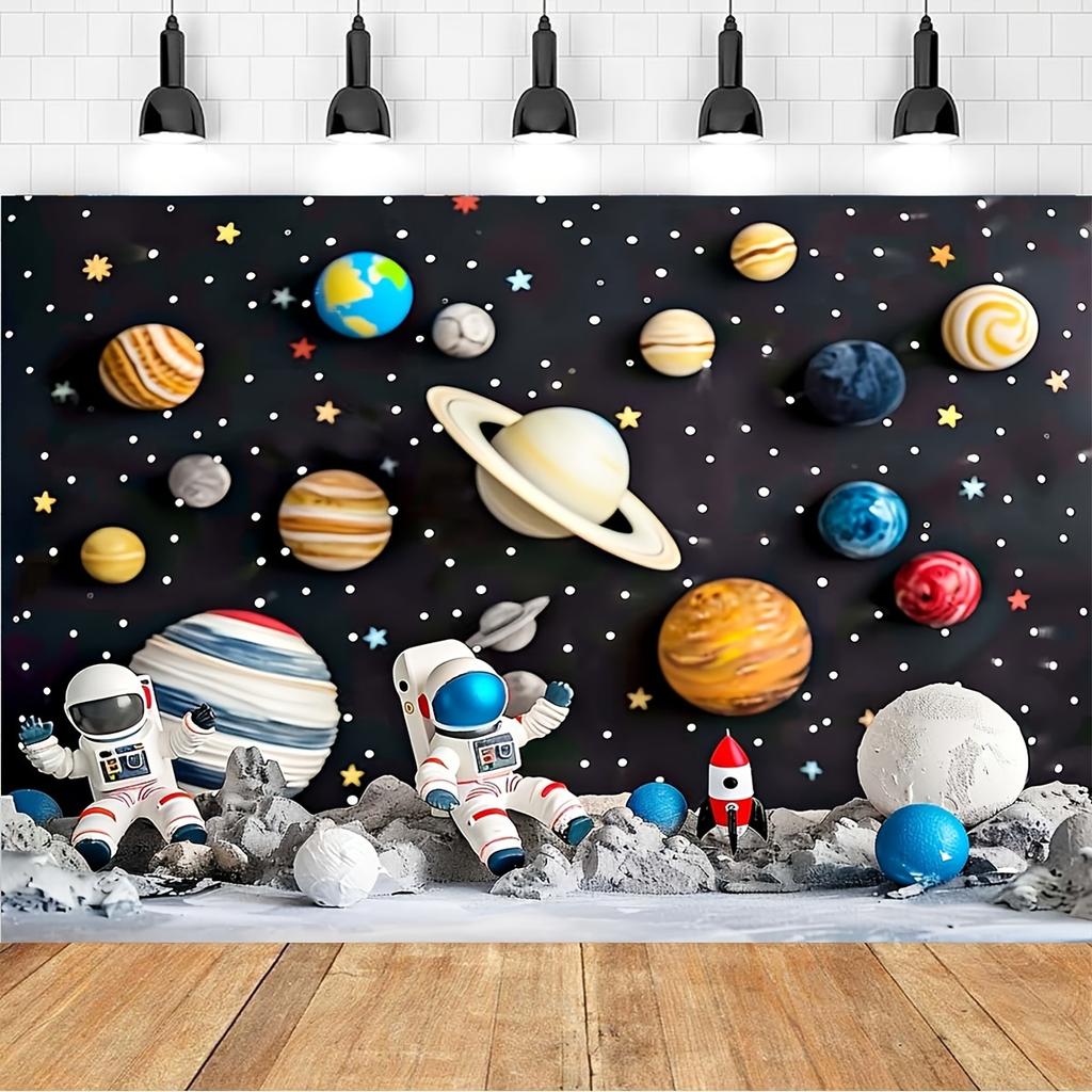 Space-themed photo backgrounds cartoon astronauts planets stars rocket spaceships polyester birthday parties