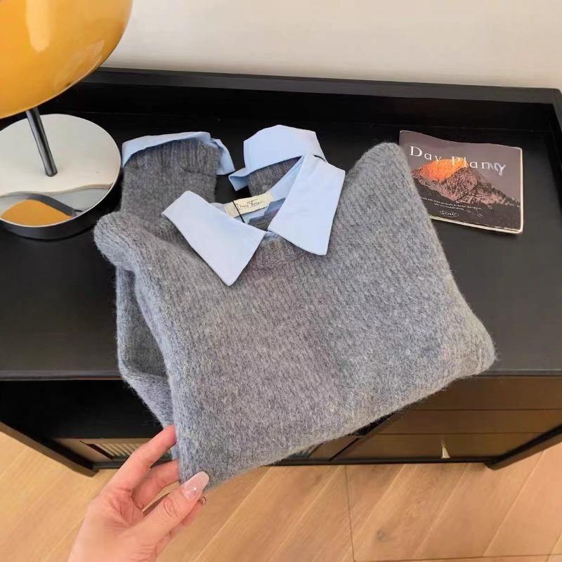 Gray fake two-piece loose pullover sweater college lazy wind raccoon velvet soft waxy sweater women's autumn and winter thickened top