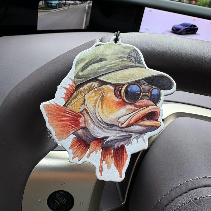 Super Cool Fish Hilton (Hotel Scent) Car Air Freshener Wearing Sunglasses and a Hat | Rearview Mirror Hanger & Dual-Purpose Air Vent Clip |