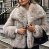 Dámská móda Bunda z umělé kožešiny s krátkým rukávem Dlouhý rukáv vpředu se zapínáním na knoflík Dámské svrchní oblečení Elegantní límec s klopou Silný kabát