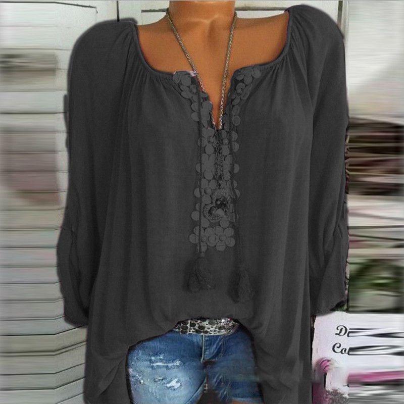 

Women Size Plus Boho Long Sleeve Blouse Baggy Tops Ladies V Neck T Retro Shirt S