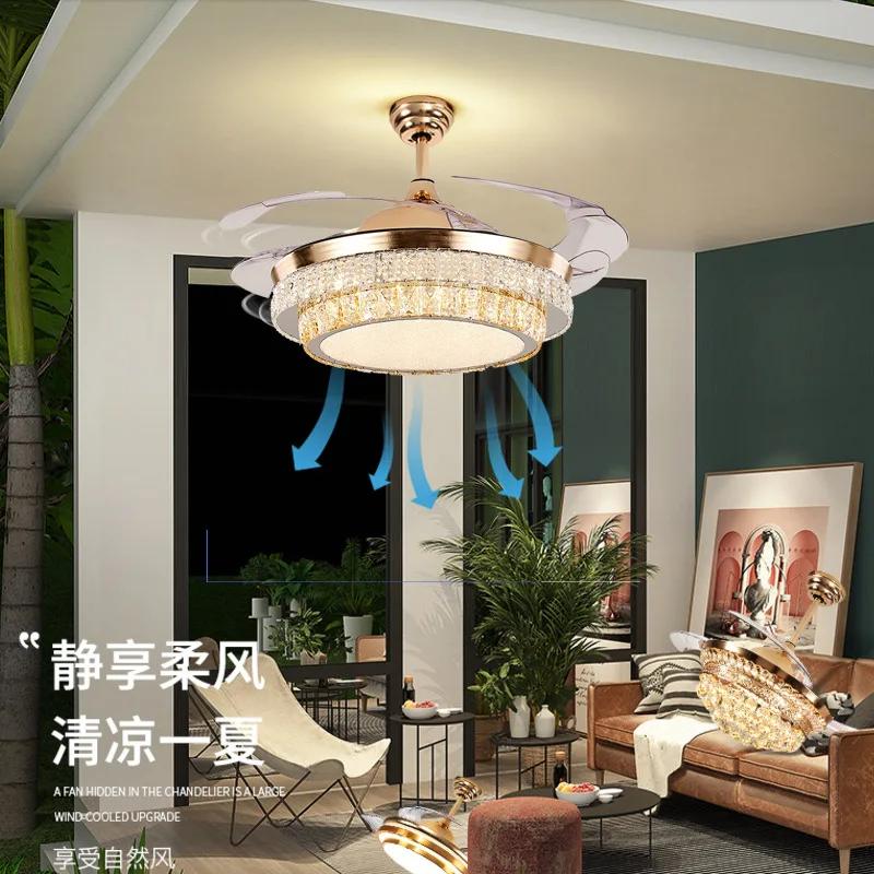 Modern Living Room Invisible Ceiling Fan Light Remote Control  Luxury Crystal Ceiling Fan Light Home Decoration Electric Fan