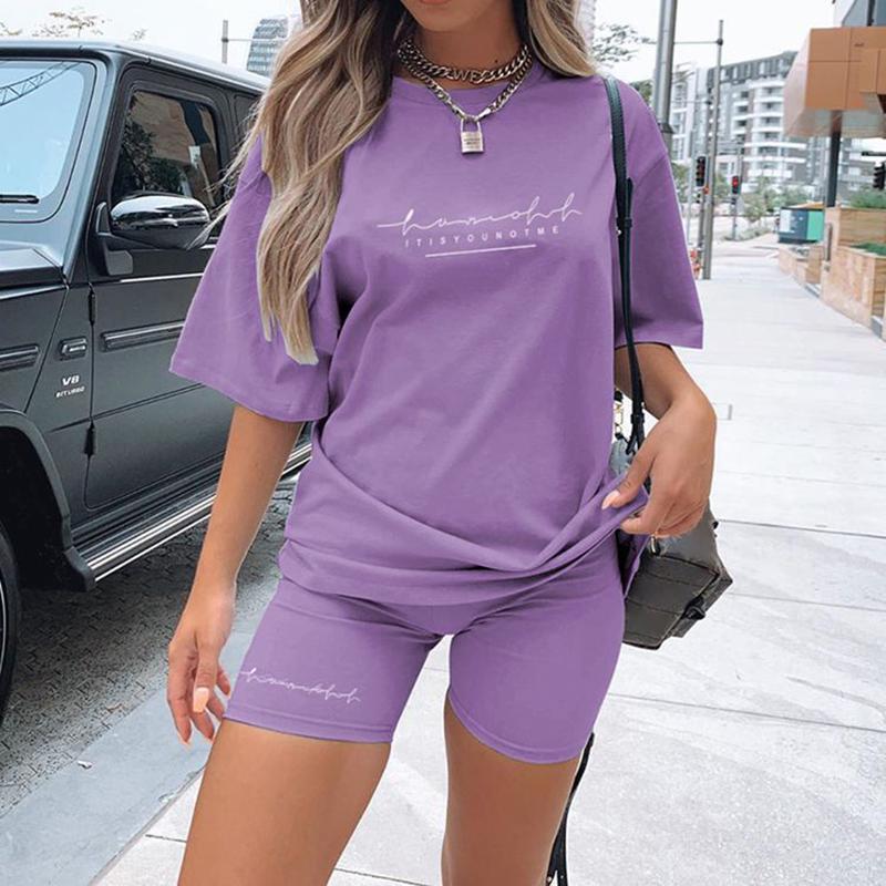 Brief Gedruckt Biker Shorts 2 Stück Set Übergroßen Pullover T-shirt Jogger Kurze Sets Für Frauen Sommer Kurze Trainingsanzug Outfits