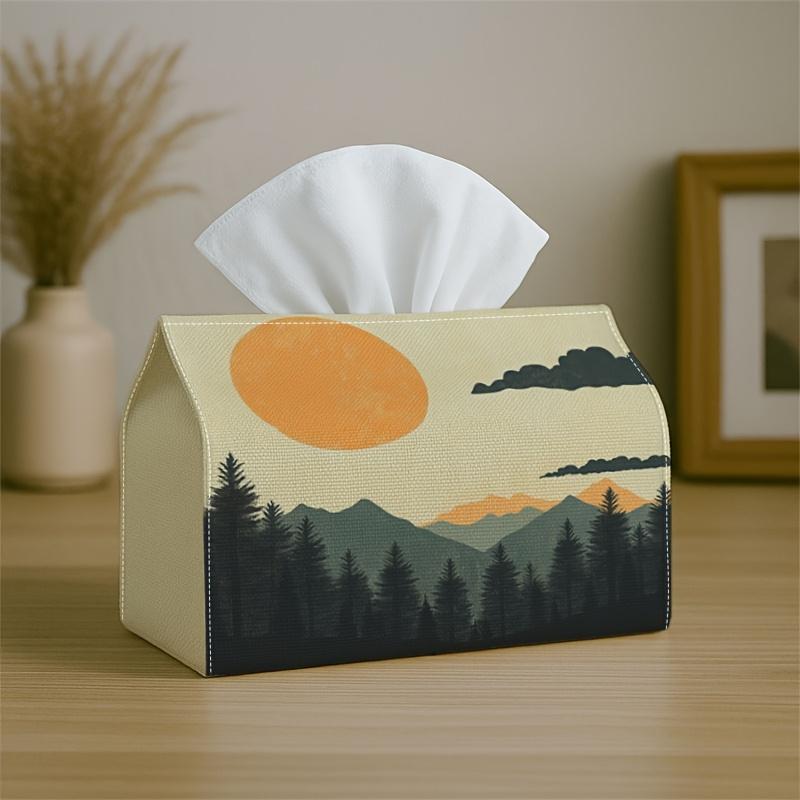 1pc Oriental Mountain Sunset Landscape Tissue Box Cover - Waterproof Foldable Toilet Paper Holder Suitable for Living Room, Kitchen, Bathroom Decor -