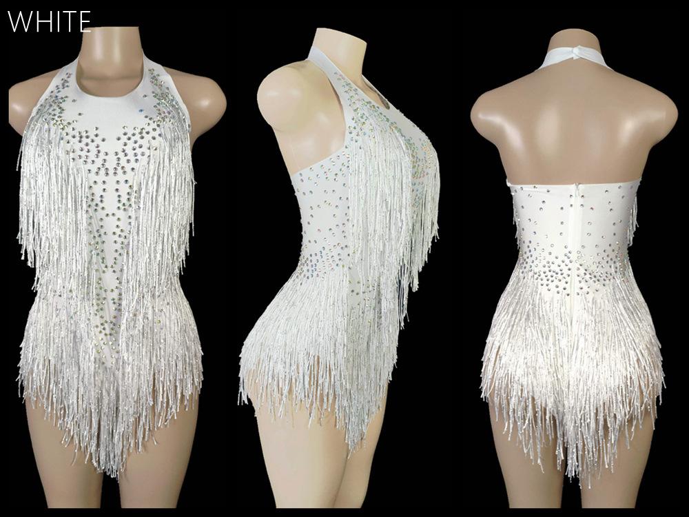 BH1194 Summer Halter Tassel Latin Dance Performance Jumpsuit Bright Diamond Sleeveless Costume One Size белый