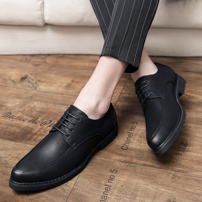 Men's British Style Pointed Toe Lace-up Black Leather Shoes - Korean Casual Spring/Autumn Trend