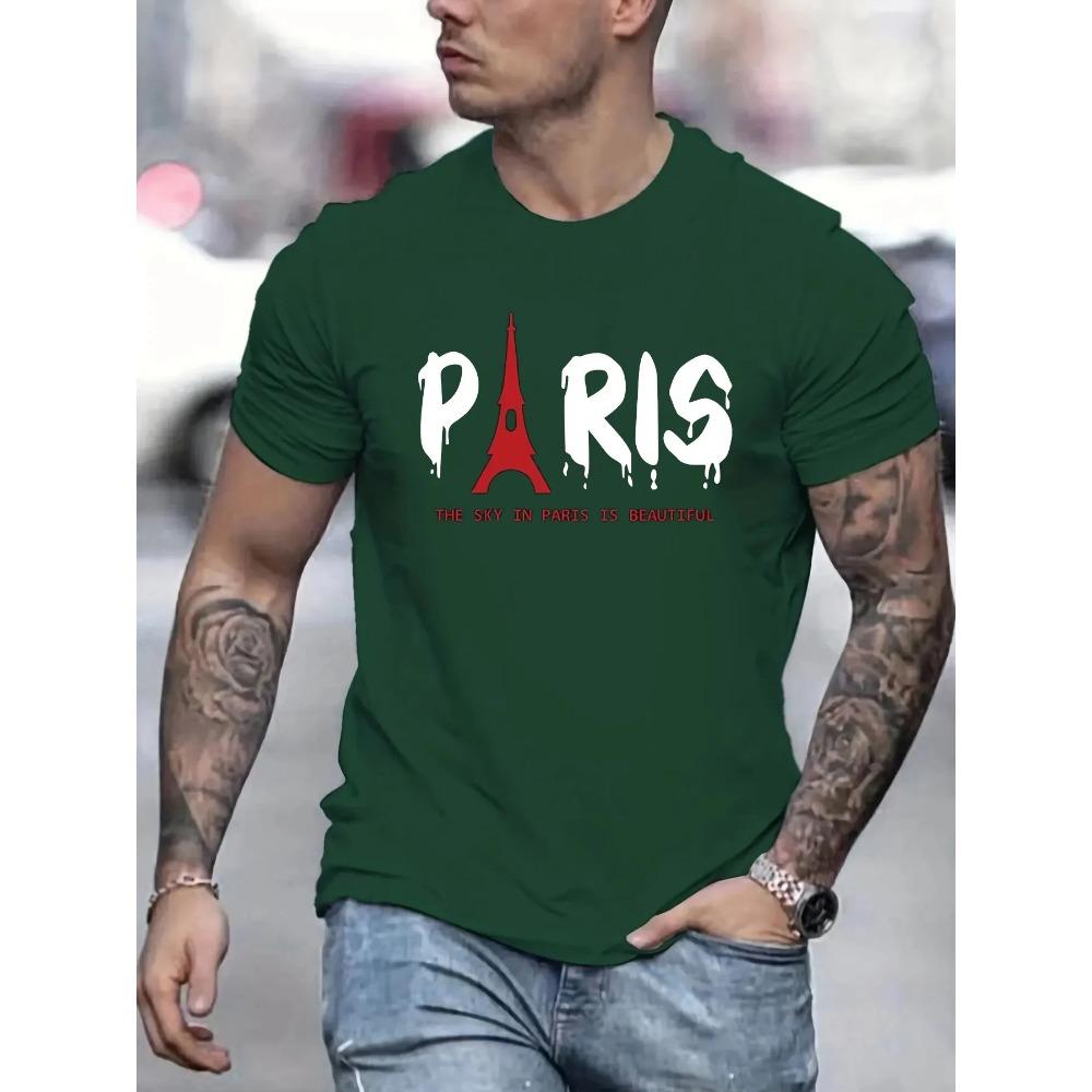 Men's Summer Eiffel Tower Printed 100% Cotton Large Loose Round Neck Short Sleeve T-shirt Top  fashion casual