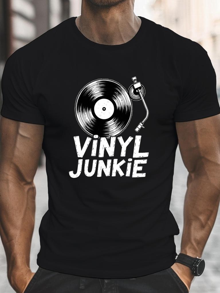 Vinyl Junkie Record Turntableunisex Casual Grew Neck Short Sleeve T-Shirt for Summer, PLUS SIZE