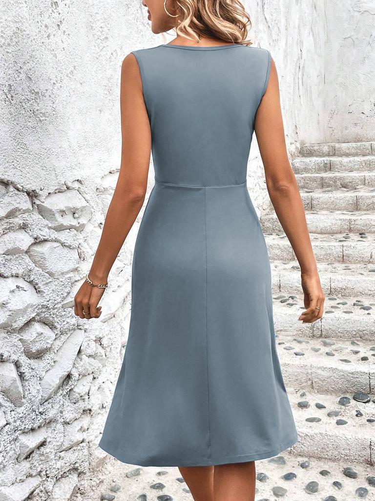 Women's Solid Color V-neck Waist Cross Pleated Sleeveless Mid Length Dress
