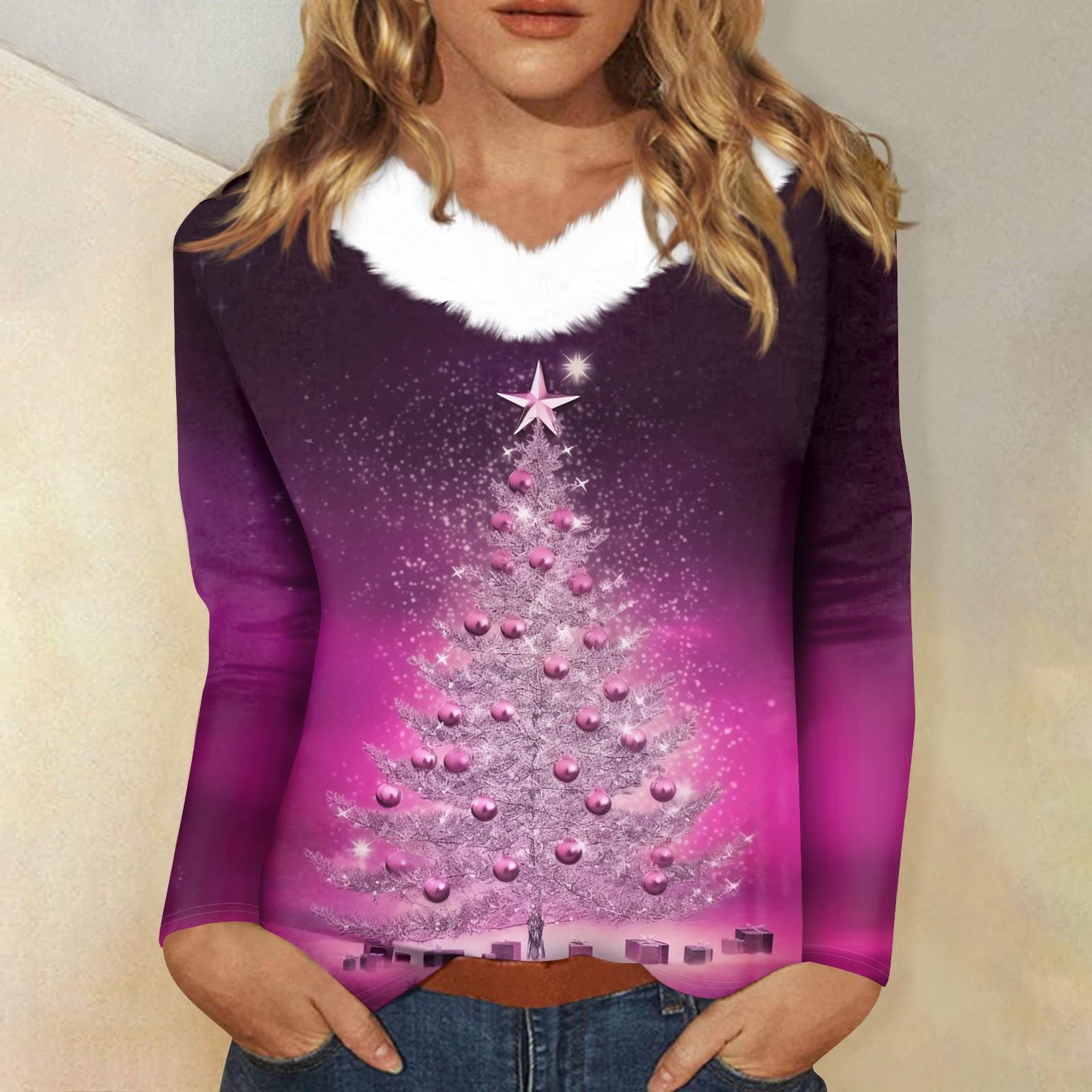 

Женская футболка с длинным рукавом, рождественская вечеринка, плюшевый воротник, топ с V-образным вырезом L