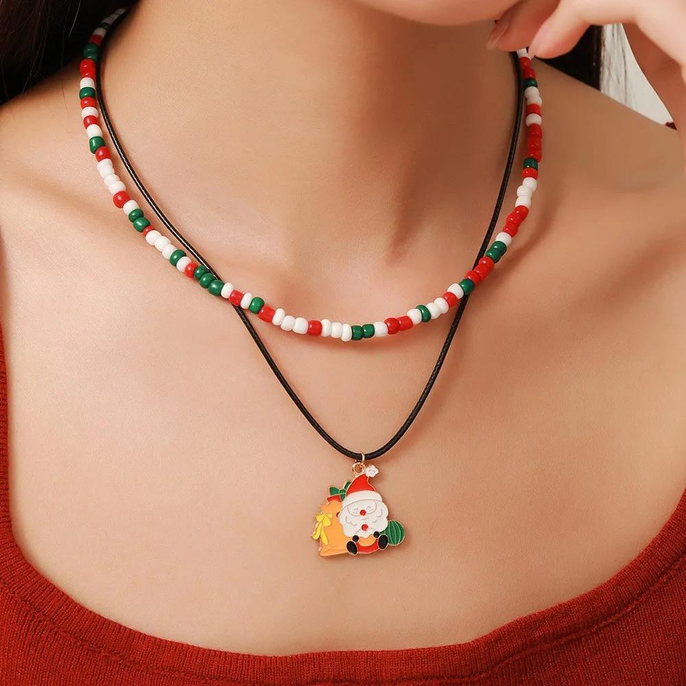 Snowflake Christmas Tree Santa Claus Pendant Chokers Women's Christmas Colorful Beads Necklace Collarbone Chain Xmas Gifts