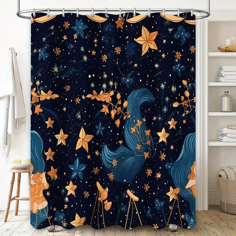 Blue Moonlight Shower Curtain Mermaid Starfish Design for Bathroom Decoration Waterproof Fabric Decorations for Kids Bathrooms