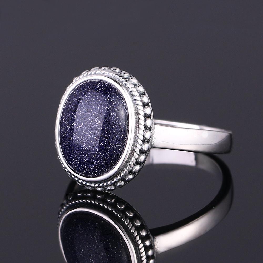 S925 Silver Ring for Women Oval Round Dropwater Natural Blue Sandstone Ring Gift Sun Shaped Retro Luxury Fine Jewelry