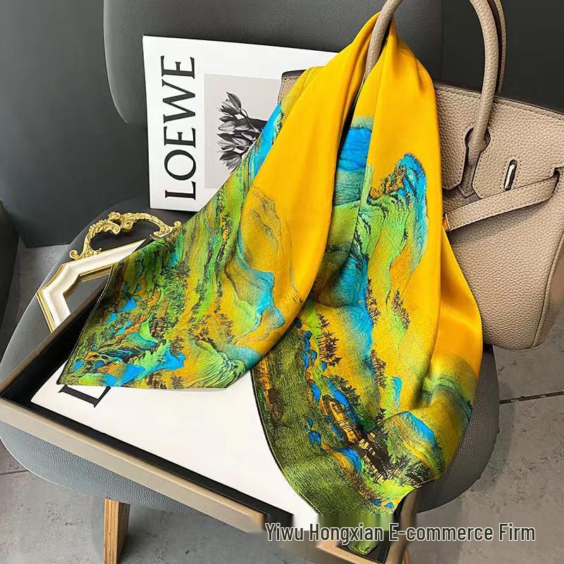 New Women's Silk Scarf – Thousand Miles of Rivers and Mountains Painting, Chinese Style Shawl, Perfect Gift for Mother's Day.