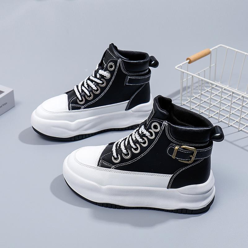 Jarní Nové Studentské Ležérní Plátěnky na Platformě s Kulatou Špičkou Univerzální Vysoké Kotníkové Malé Bílé Boty s Koženým Povrchem pro Udržení Tepla