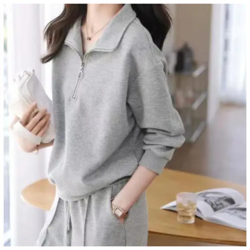 Swobodny sportowy garnitur damski jesienny prosty bluza z klapami elastyczny pas długie spodnie garnitur