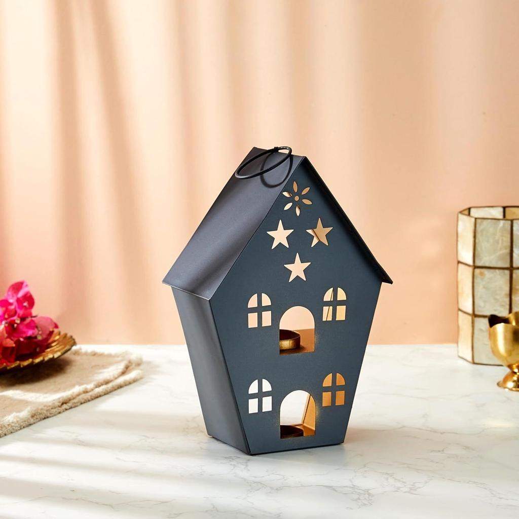 Zierliches Eisen Teelicht | Stilvoll | für Innen- & Außendekoration (Grau mit Gold)