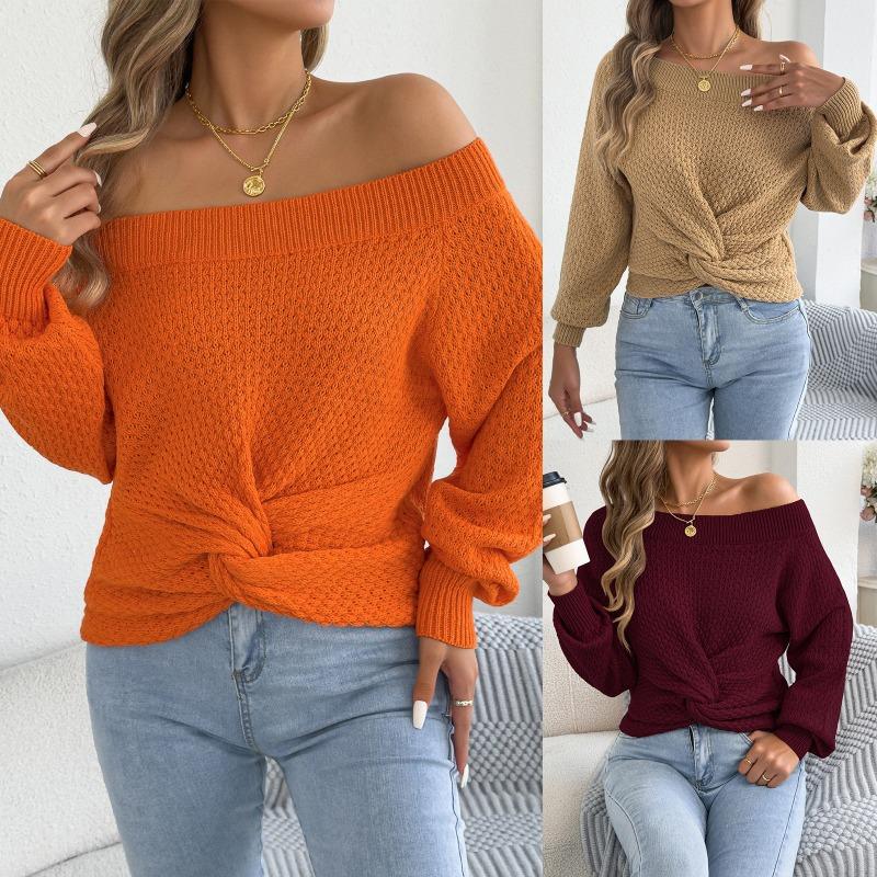 European American Casual Solid Color Off Shoulder Knot Long Sleeve Women Sweater
