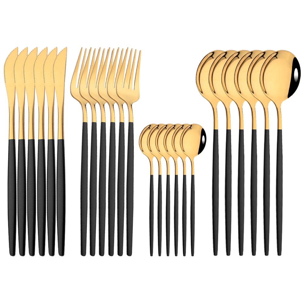 24Pcs Mirror Gold Dinnerware Cutlery Set Stainless Steel Kitchen Flatware Knife Fork Coffee Spoon Home Tableware Silverware Set