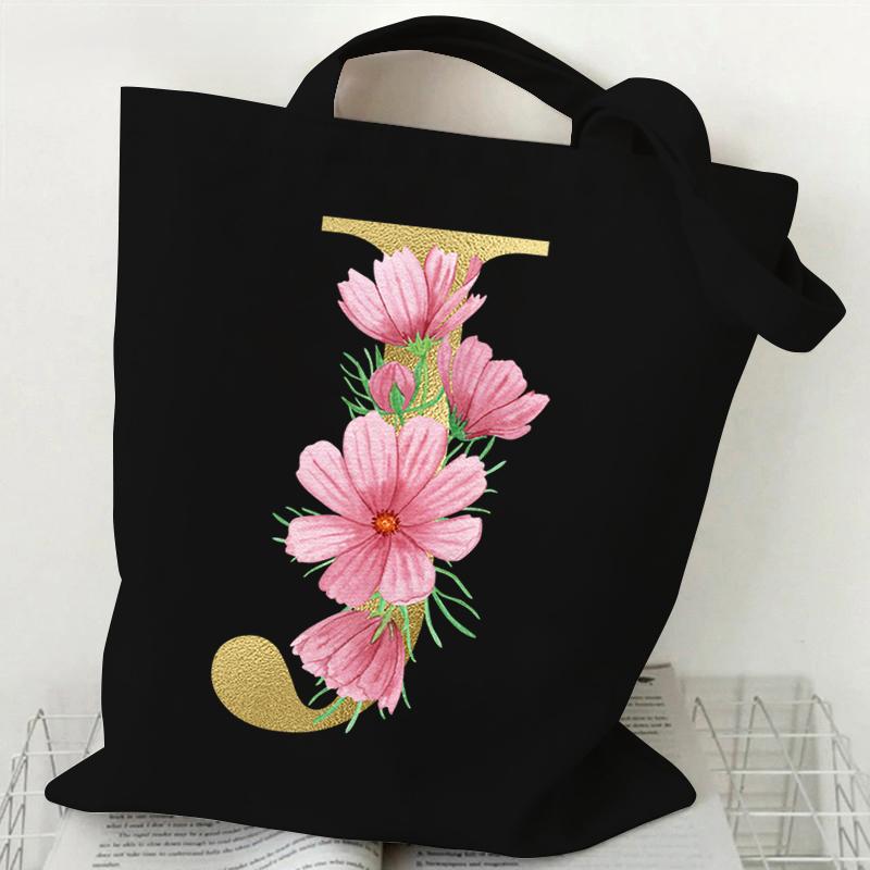 26 Golden Alphabet Floral Tote Bags for Women Large Capacity Canvas Casual New Flower Alphabet Printed Female Reusable Handbag