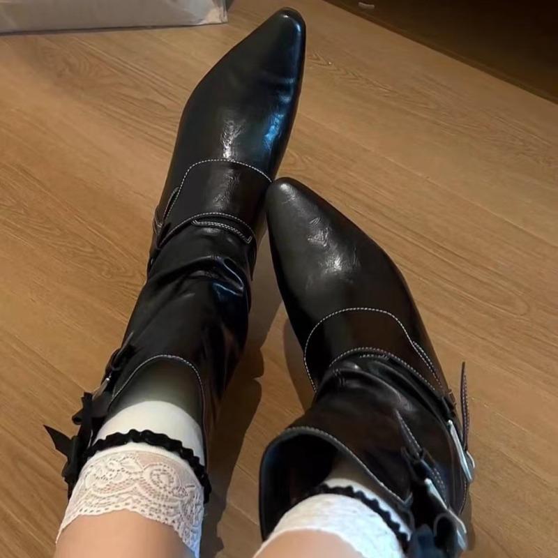 Fashion Retro Knight Boots Autumn New Fashion Pointed Toe Metal Belt Buckle Inside Heightened Anti-Slip Wear-Resistant Mid-