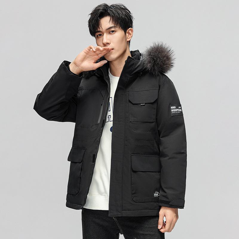New winter down jacket men's short hooded jacket tooling trendy brand men's big fur collar warm and cold coat men