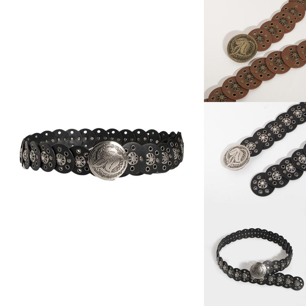Punk Rock Wide Leather Belt With Riveted Eyelets For Casual Streetwear And Ladies