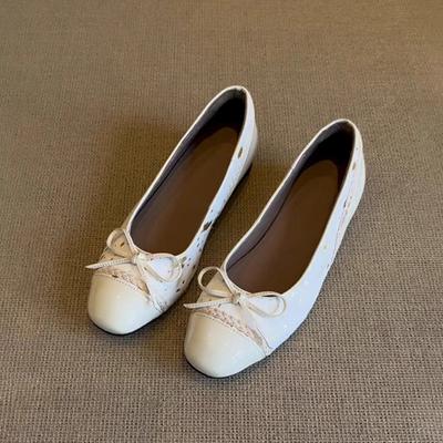 Cowhide Version~ Shallow Mouth Flat-bottomed Ballet Shoes, Women's One-pedal Bow Round Head Splicing Horsehair Small Single Shoes