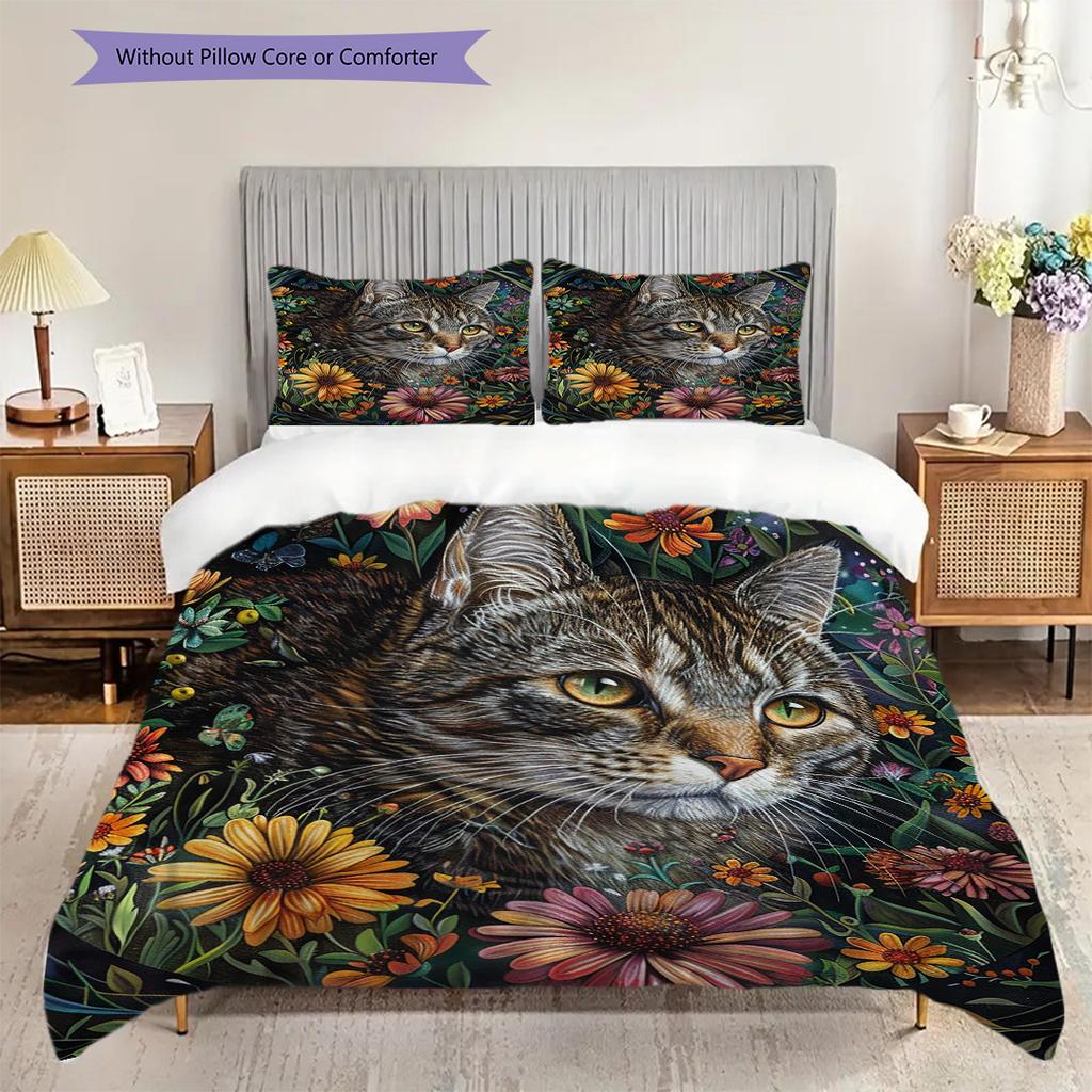 Tabby Cat Pattern Bedding Quilt Set Quilt Cover Pillowcase Home Decoration Birthday Gift (1 * duvet cover + 2 * pillowcase, without core)