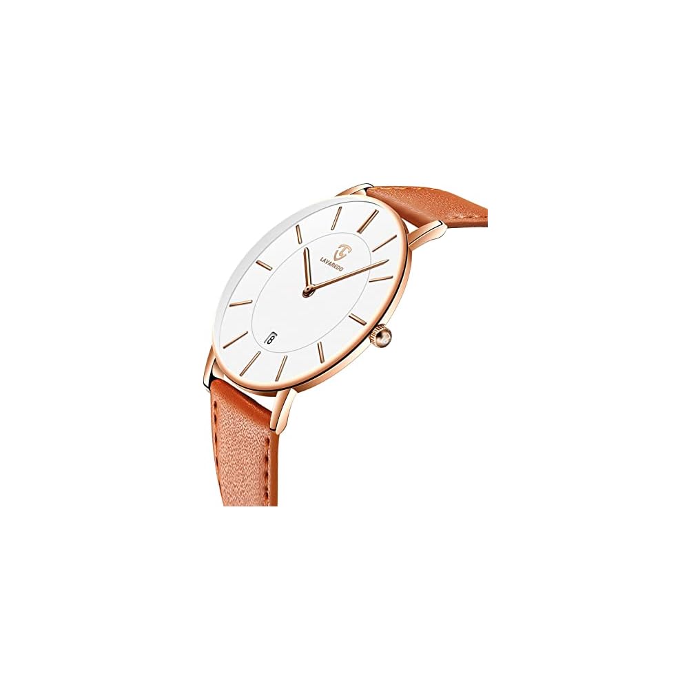 Men's Minimalist Fashion Watch Analog Date Display Leather Strap Orange Blue and Orange White