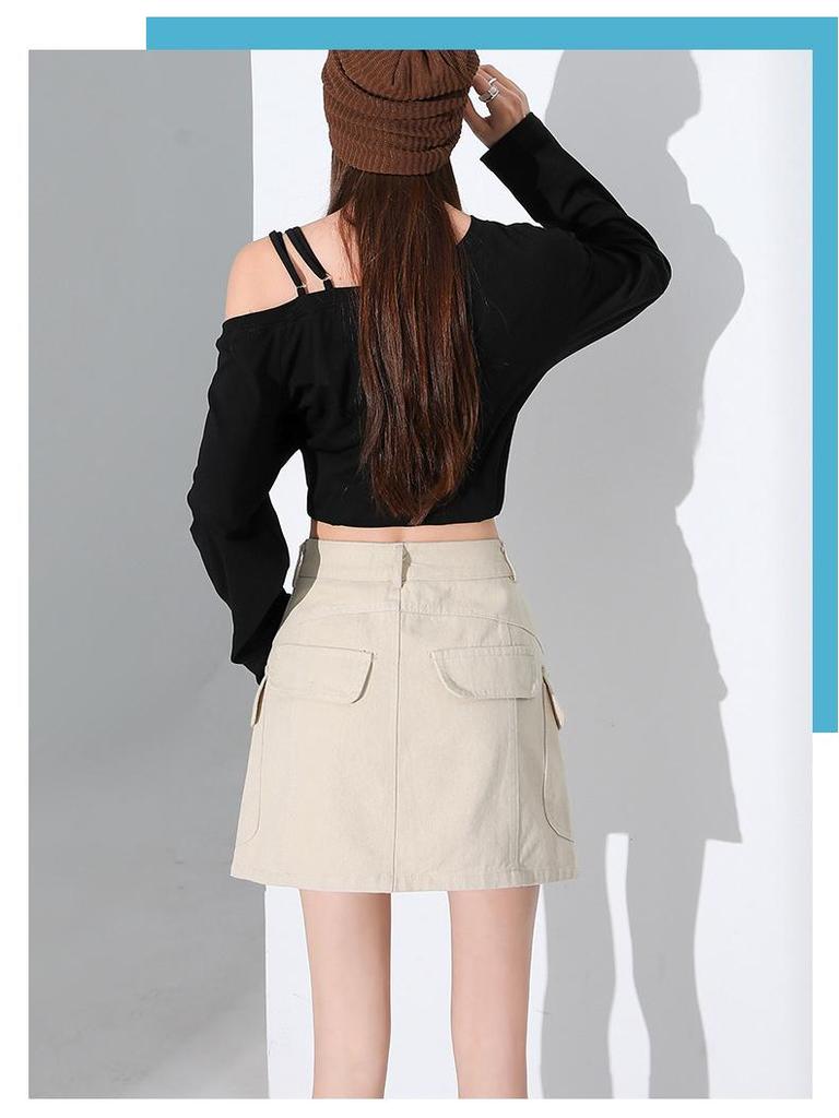 Coffee High-Waisted A-Line Denim Skirt: Women's Versatile, Multi-Pocket, Slimming Workwear Style