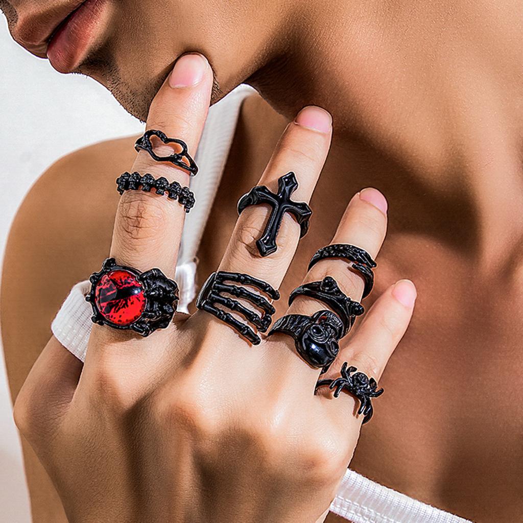 9 Stück/Set Goth Schwarze Teufelsauge Totenkopf Spinne Handflächenringe für Damen Vintage Kreuz Jesus Herzringe Halloween Schmuck Geschenk Neu