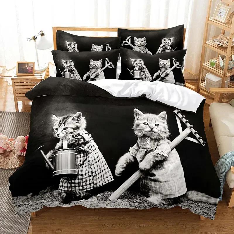 Cat Duvet Cover Set Cute Kitty Theme Bedding Set for Kids Girls 2/3pcs Single Double Queen King Size Comforter Cover Bedclothes