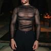 Men T Shirt Mesh Transparent Sexy O-neck Long Sleeve Tee Tops Men Streetwear Camisetas Pleated 2026 Party Men Clothing