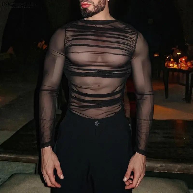 Men T Shirt Mesh Transparent Sexy O-neck Long Sleeve Tee Tops Men Streetwear Camisetas Pleated 2026 Party Men Clothing