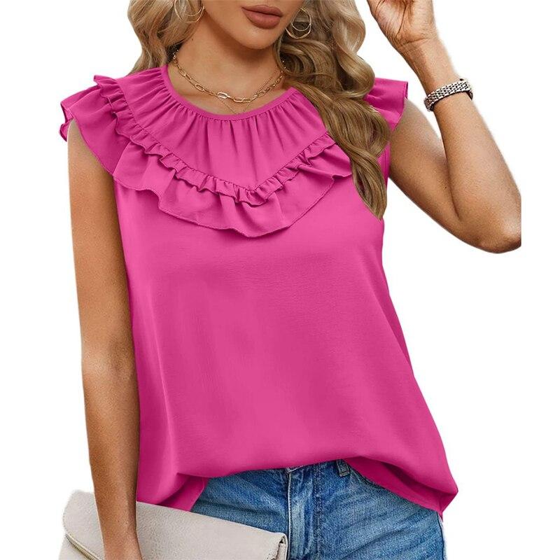 

Летние свободные белые рубашки без рукавов с оборками, женские элегантные повседневные шифоновые блузки, женские однотонные топы с круглым вырезом, рубашка Blusas 25556 XXL розы красного