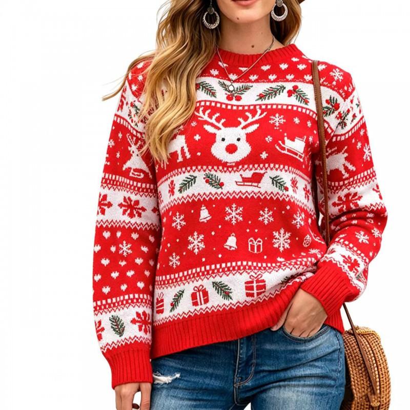 Womens Winter Knit Sweater With 3D Deer Snowflake Round Neck Loose Fit Long Sleeve Pullover