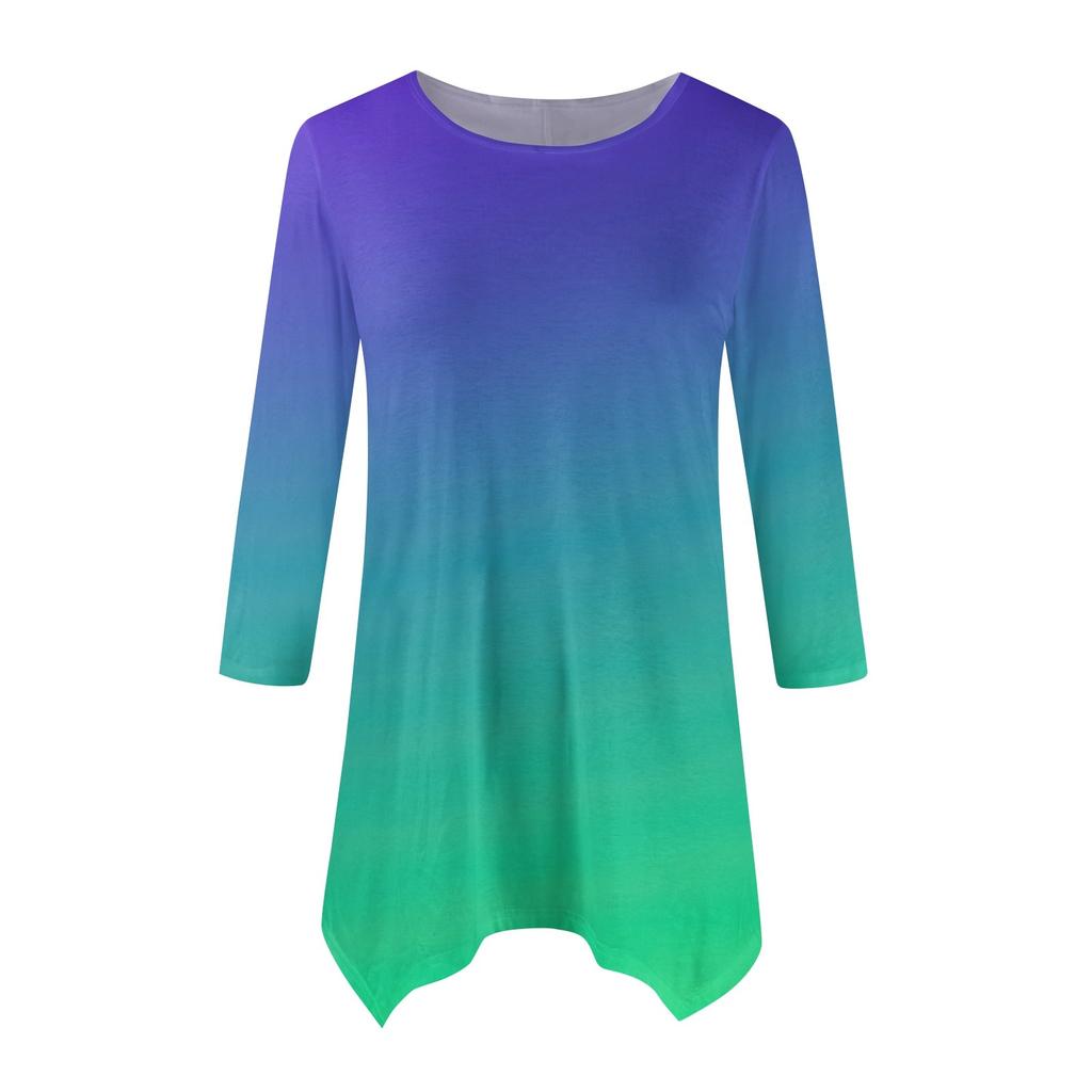 Women's Fashion Casual Crew-neck Gradual Print Seven-point Sleeve Shirt Belted Loose Comfortable Top