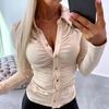 Elegant Women Solid Color Shirt Lapel Long Sleeve Office Tops Pleated Single-breasted Blouse Workwear