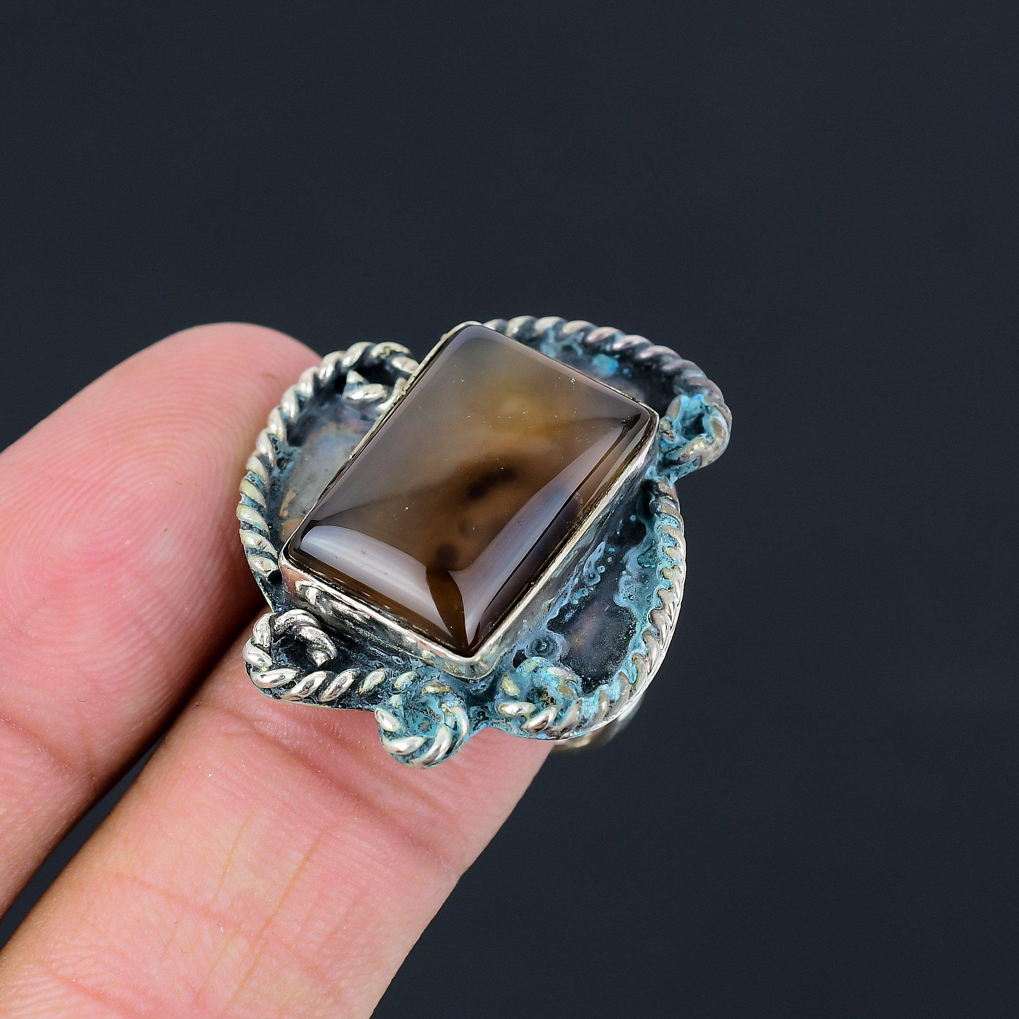 Прямоугольник Агат Монтана Камень-самоцвет Одиночный Новый Кольцо Ювелирные изделия Стерлинговое Серебро Размер США 9 9